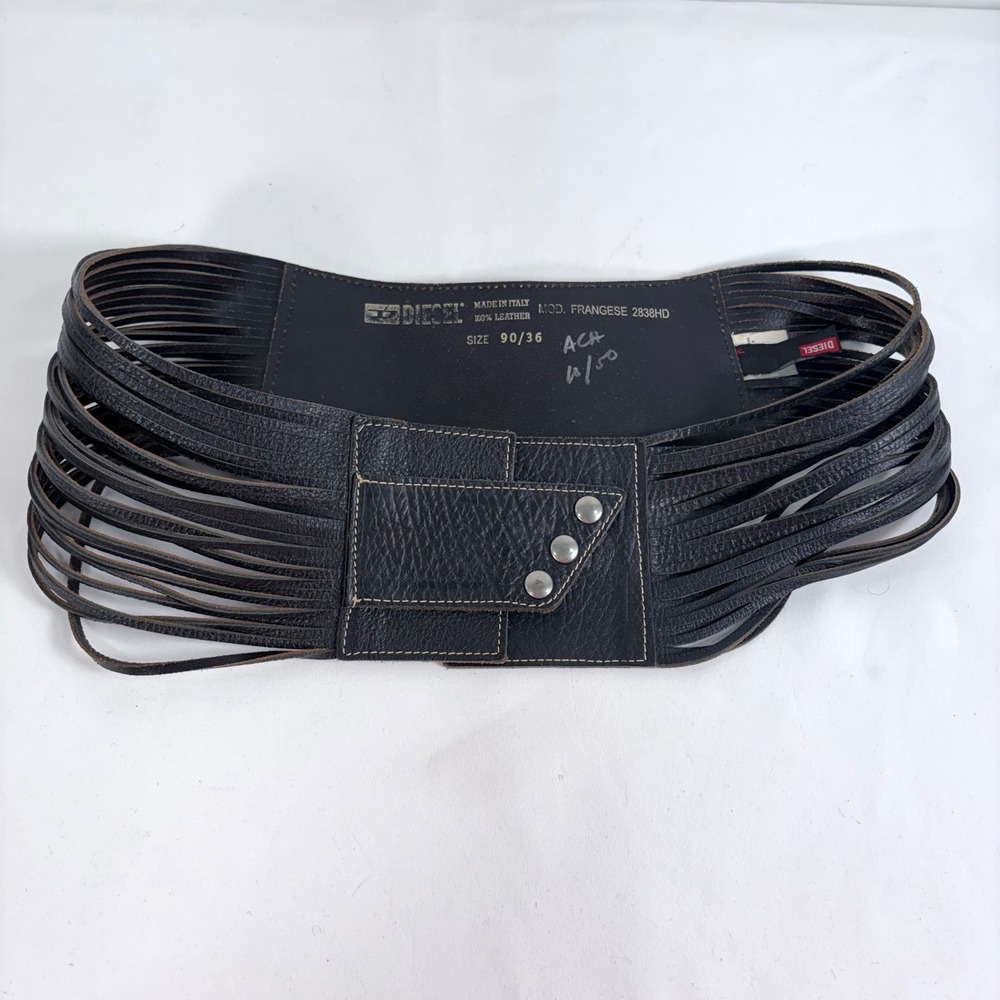 Vintage Diesel Frangese Belt Black Wide Leather MultiStrand Italy Size 90/36